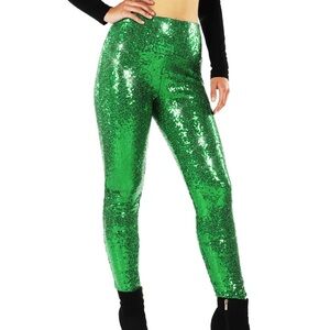 Tipsy Elves Green Sequin High-Waisted Leggings – Size Large | Stretchy